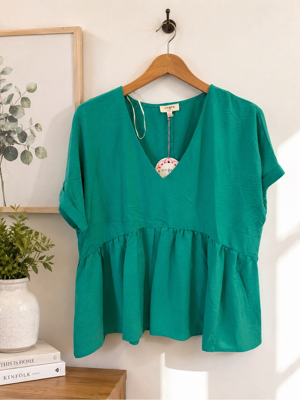 NWT Umgee Boutique Teal Green V-Neck Peplum Tunic Sz L